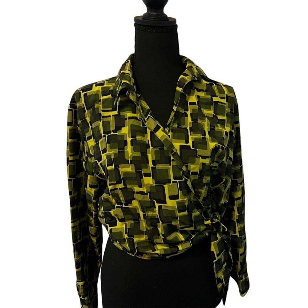 K.A.T.E. Geometric Satin Green Wrap Top Medium